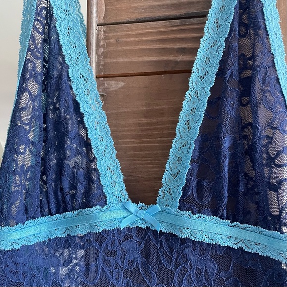 Victoria’s Secret Lingerie The Lacie Navy Aqua Stretch Lace Halter Slip Chemise - Picture 5 of 7